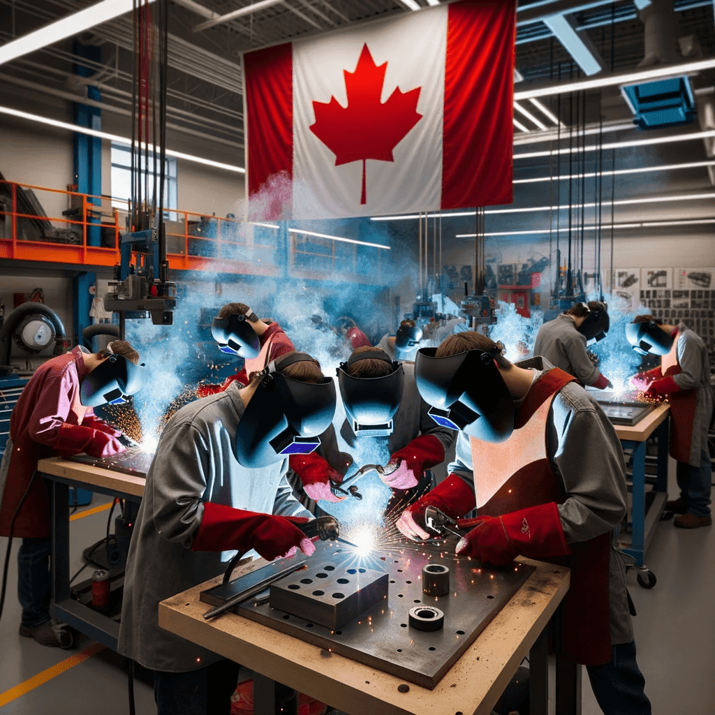 Students welding in a workshop under a Canadian flag