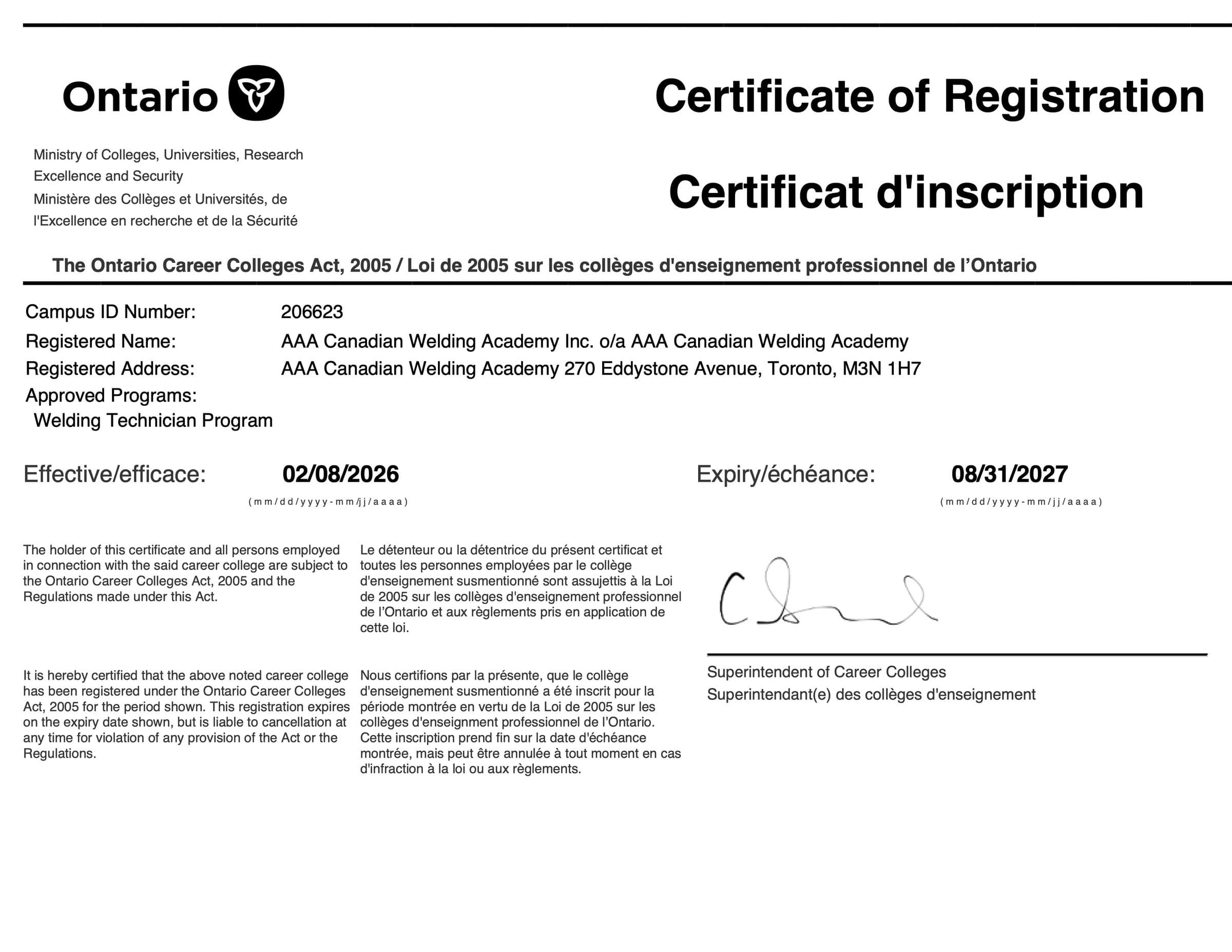 Ontario Certificate of Registration under the Ontario Career Colleges Act, 2005, for AAA Canadian Welding Academy (Welding Technician Program)